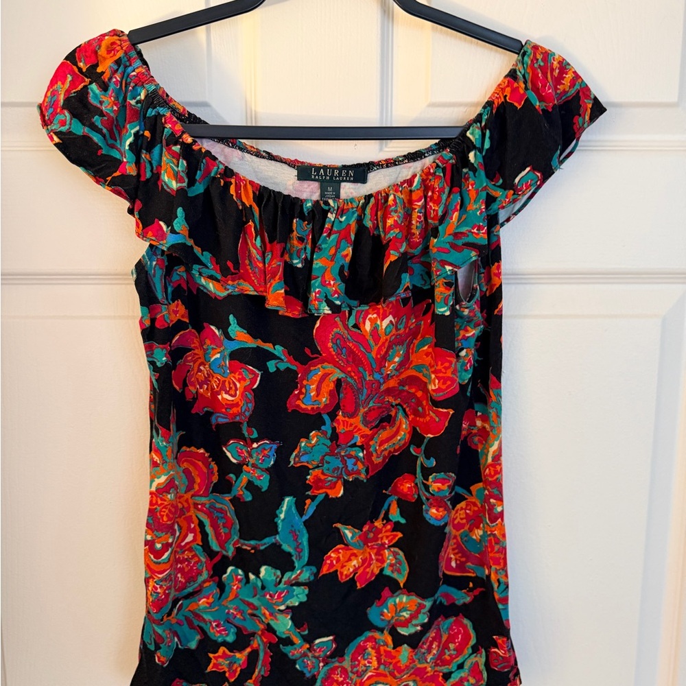 Ralph Lauren Vibrant Floral Off The Shoulder Ruffle Blouse Med.